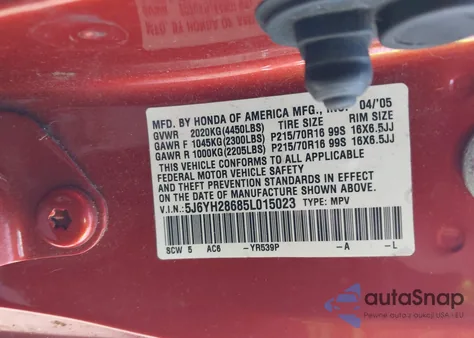 2005 Honda Element Ex from USA, damaged, VIN 5J6YH28685L015023